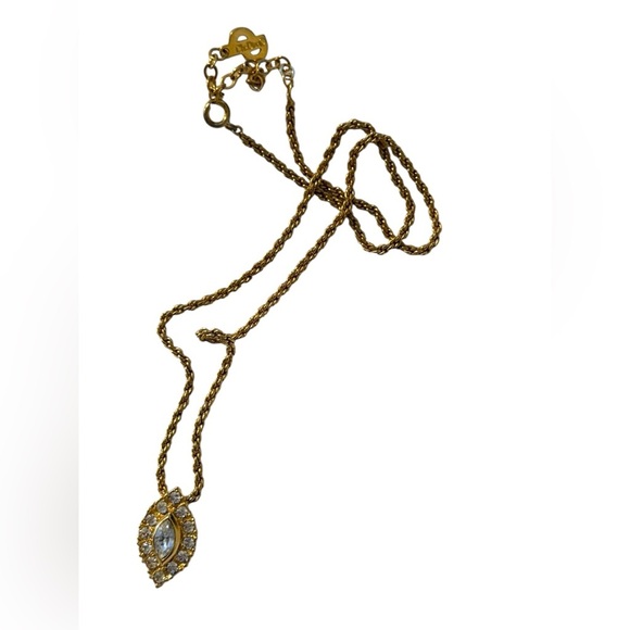 Vintage - CHRISTIAN DIOR Gold Tone Cat Eye Pendant Necklace - Picture 8 of 11